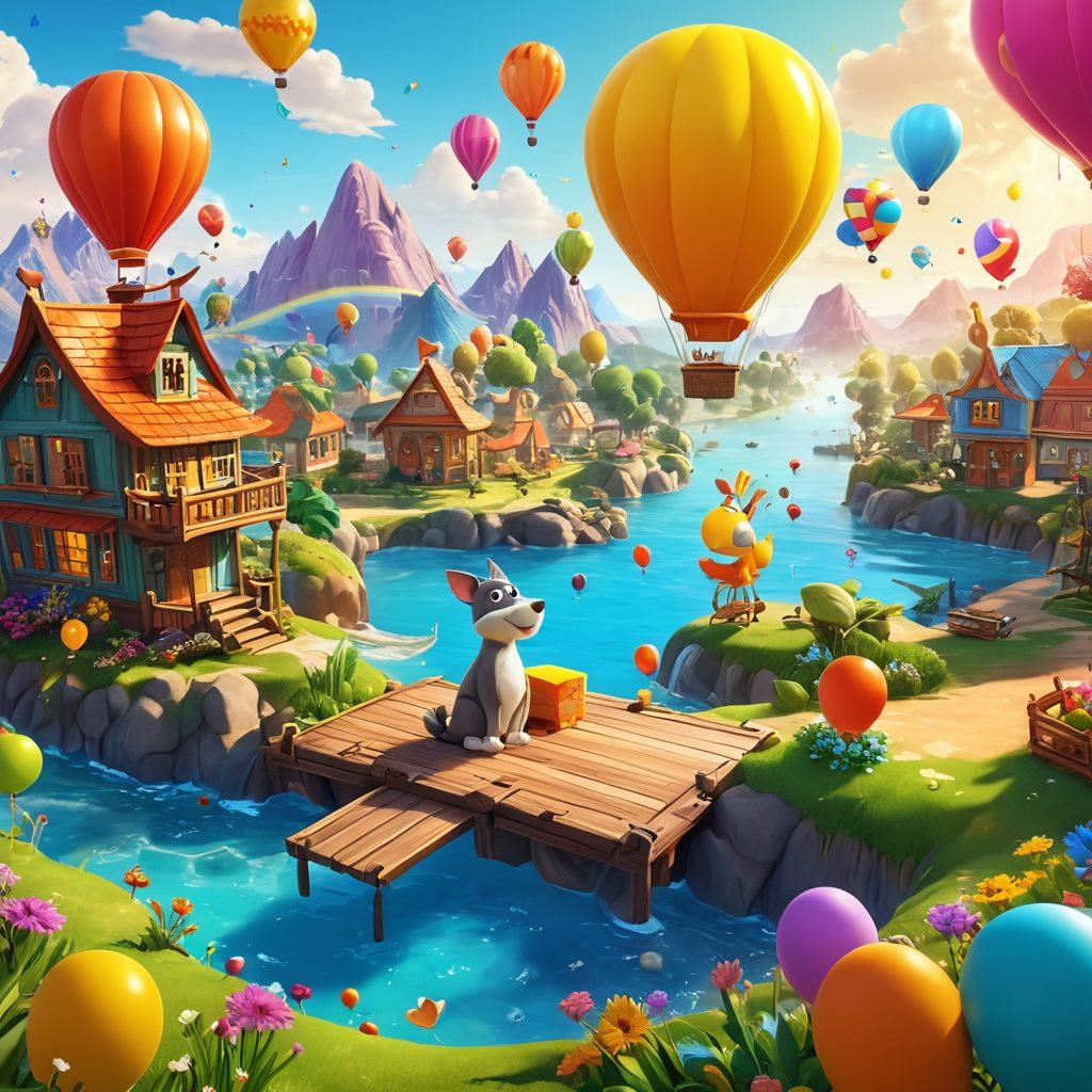 A whimsical 3D game environment filled with colorful characters and playful landscapes, showcasing various game elements like zooming platforms and bouncing cartoon animals. Include a bright, cheerful atmosphere with rays of sunshine and floating balloons, conveying a sense of joy and fun in gaming. Emphasize vibrant colors and playful animations to capture the essence of amusement in three-dimensional gaming. 3D style. vibrant colors. cartoonish.
