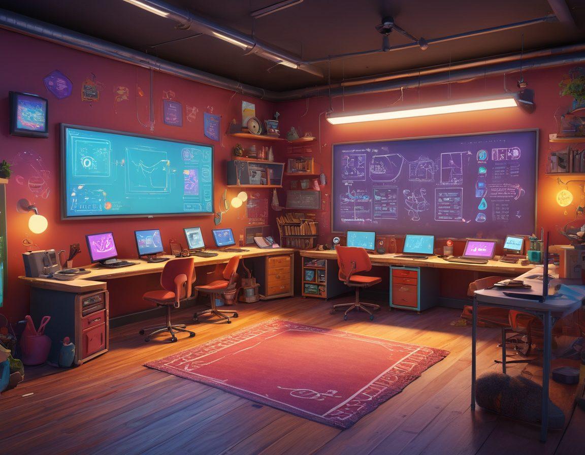 A vibrant scene illustrating an imaginative 3D game development studio, showcasing colorful screens displaying game mechanics in action, playful characters dancing around programmers, and whimsical gadgets scattered about. Include a large chalkboard filled with sketches and notes on game design principles, all rendered in a dynamic and engaging style. 3D. vibrant colors. playful and whimsical elements.