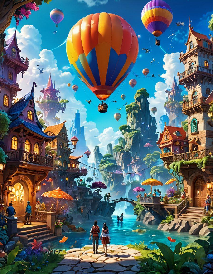 A dynamic scene depicting vibrant digital characters coming to life within an animated video game landscape. Include diverse characters with expressive facial features and vivid outfits, interacting in a whimsical, colorful environment filled with fantastical elements like floating islands and sparkling effects. The background should showcase an imaginative digital cityscape that reflects the vibrant aesthetics of modern gaming. Illustrate a sense of motion and excitement as the characters embark on their adventurous journey. super-realistic. vibrant colors. fantasy style.